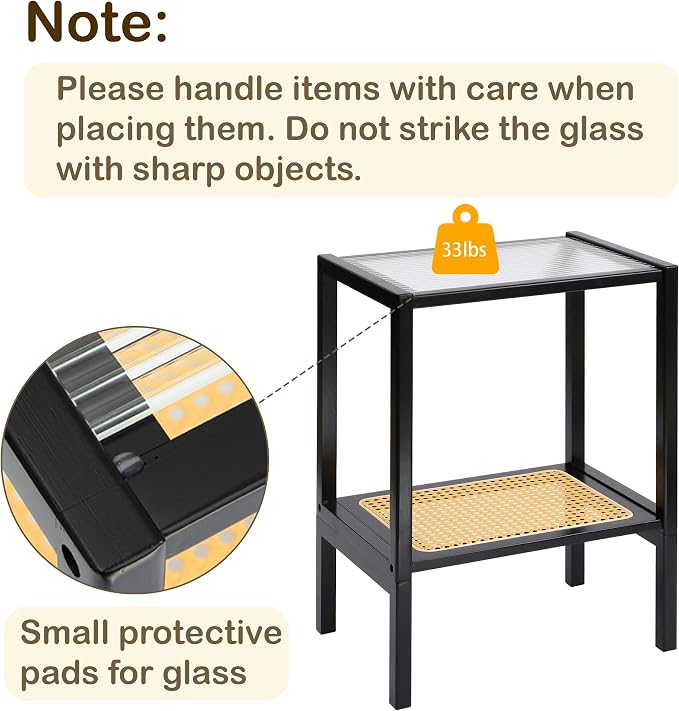 2-Tier Bamboo Side Table, Modern Glasstop Rattan Side Table, Mid Century Wood - Image 4