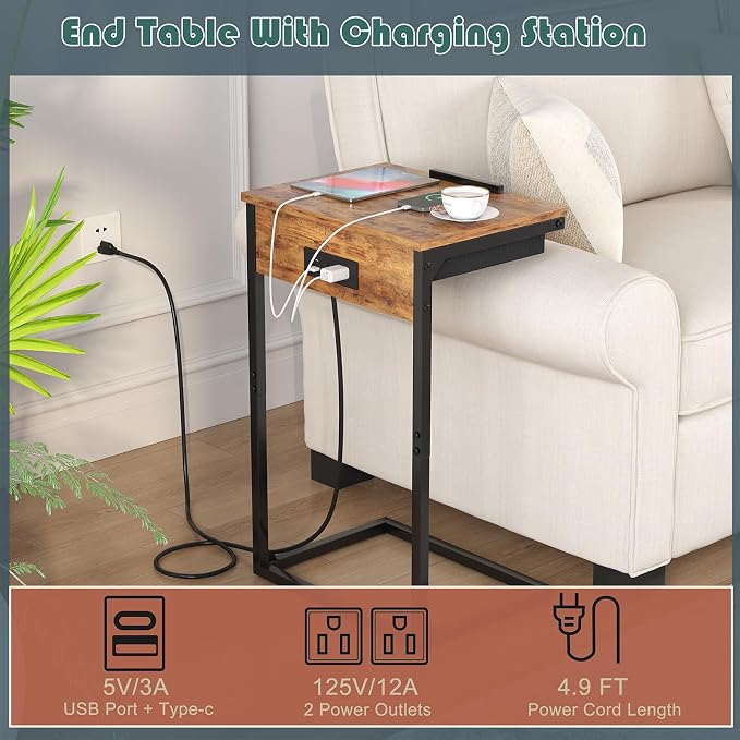 sthmec C Shaped End Table with Charging Station, 45° Tiltable Adjustable Flip - Image 5