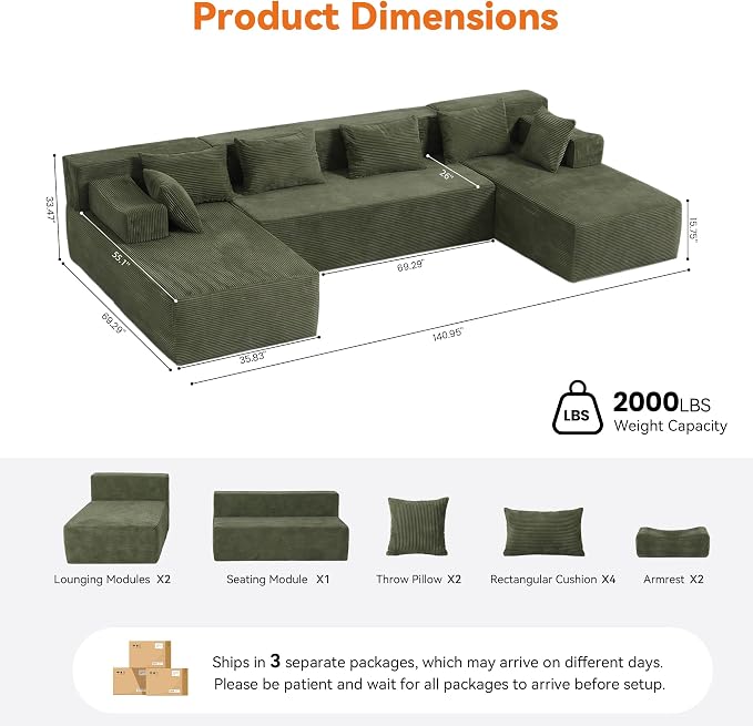 MONVANE 141" U Shaped Cloud Sectional Couch - Image 3