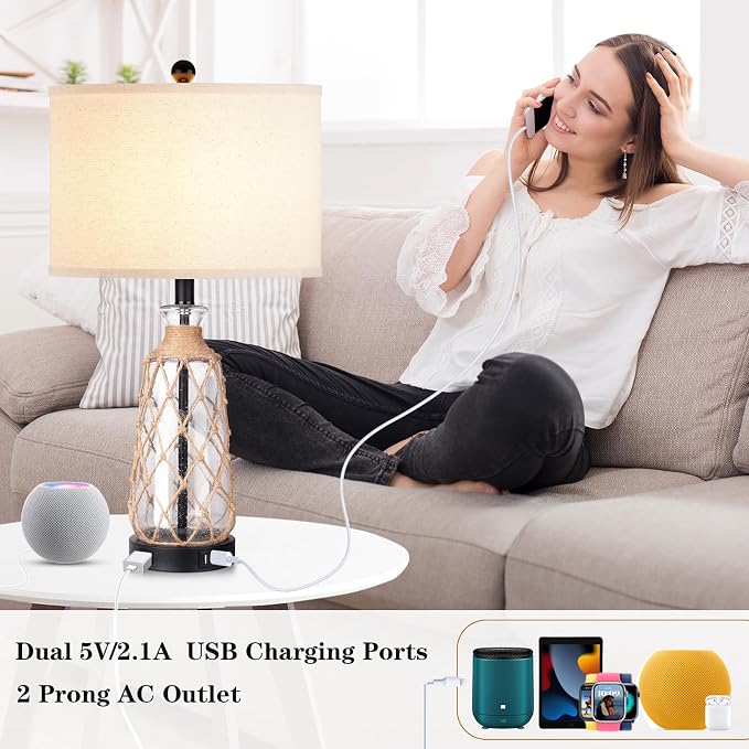 Ruzectt 25.5" Coastal Glass Table Lamps Set of 2, 3-Way Dimmable Touch Control - Image 3