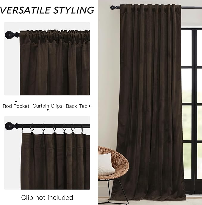 RYB HOME Brown Blackout Curtains 96 inches Long Velvet, Room Darkening Thermal - Image 3