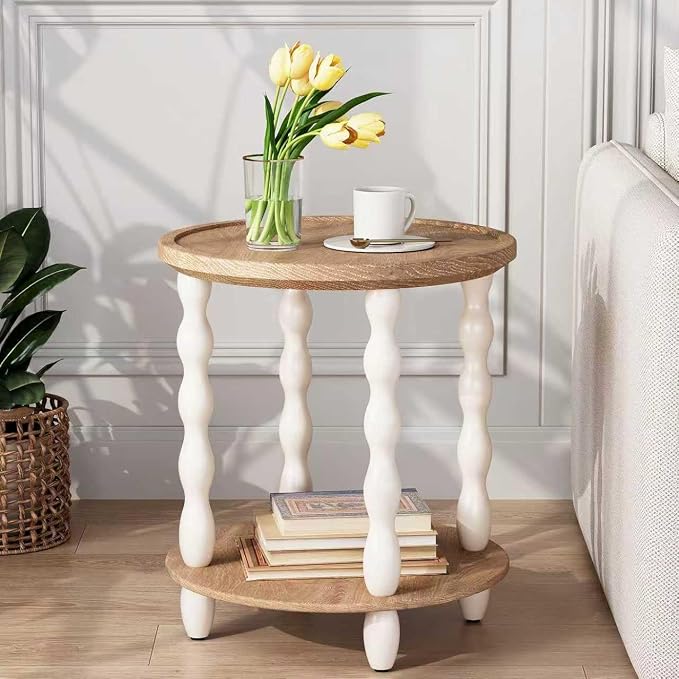 Round End Table, 2-Tier Farmhouse End Table, 18.5'' Handcrafted Weathered Look by KARLOTT