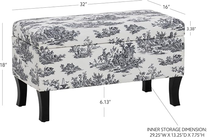 Linon Stephanie Black and White Toile Fully Upholstered Bench - Image 3