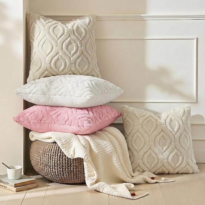 decorUhome Throw Pillow Covers 20x20 Inch Set of 2, Soft Plush Faux Wool Beige - Image 4