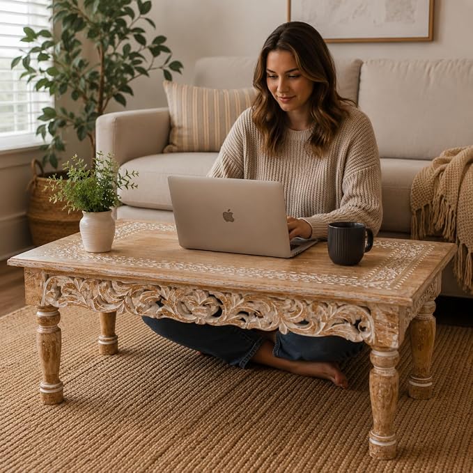 Rectangular Wooden Coffee Table 36x24x18 Inch – Beige Finish - Image 2