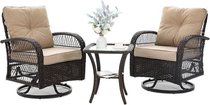 3 Pieces Patio Furniture Set, Outdoor Swivel Glider Rocker, Wicker Patio Bistro by VonzoyHome