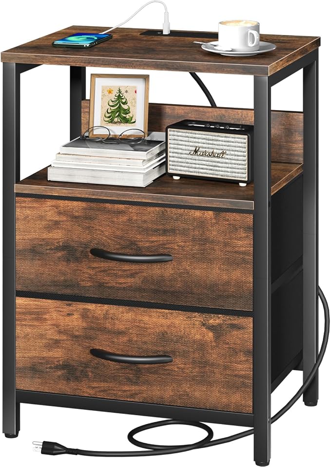 Yoobure Nightstand with Charging Station, Small Night Stand with Fabric Drawers by Yoobure