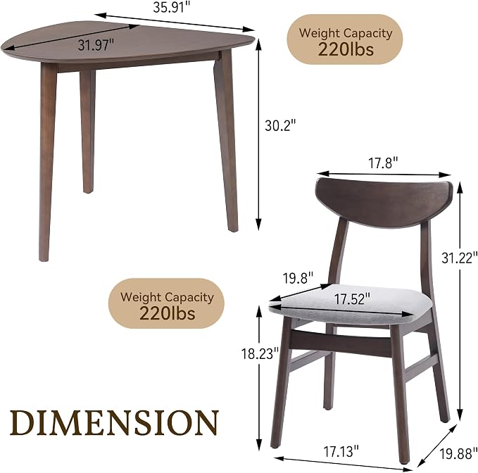 P PURLOVE Modern 3 Piece Table Set, Triangular Table and 2 Curved Wood Chairs - Image 3
