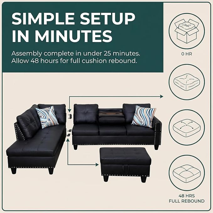 97.5" L Shaped Couch Set Leather, Modular Sectional Couches - Image 3