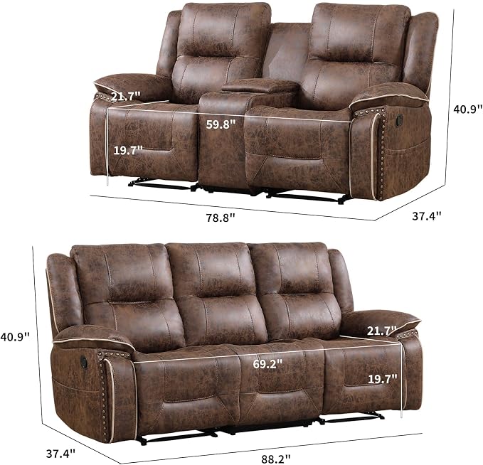 EBELLO Manual Recliner Sofa Set, Faux Leather Reclining Loveseat and 3 Seater - Image 2