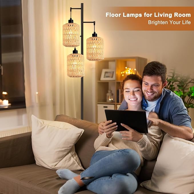 QIYIZM Floor Lamp for Living Room, 3-Lights Boho Rattan Tree Floor Lights - Image 6