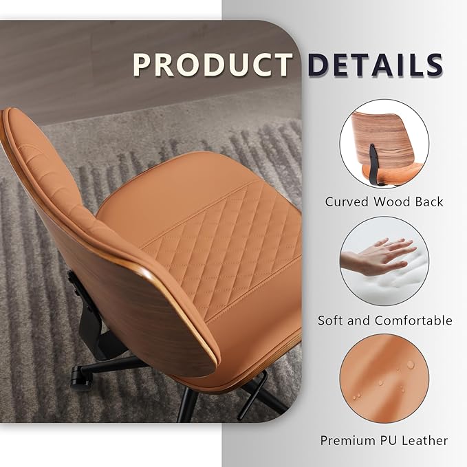 Home Office Chair No Arms with Wheels, Adjustable Height PU Leather Mid Back - Image 5