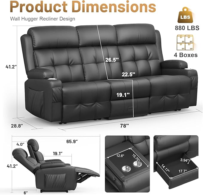 3-Seater Loveseat Recliner Sofa, Home Theater Seating Reclining Couch - Image 2