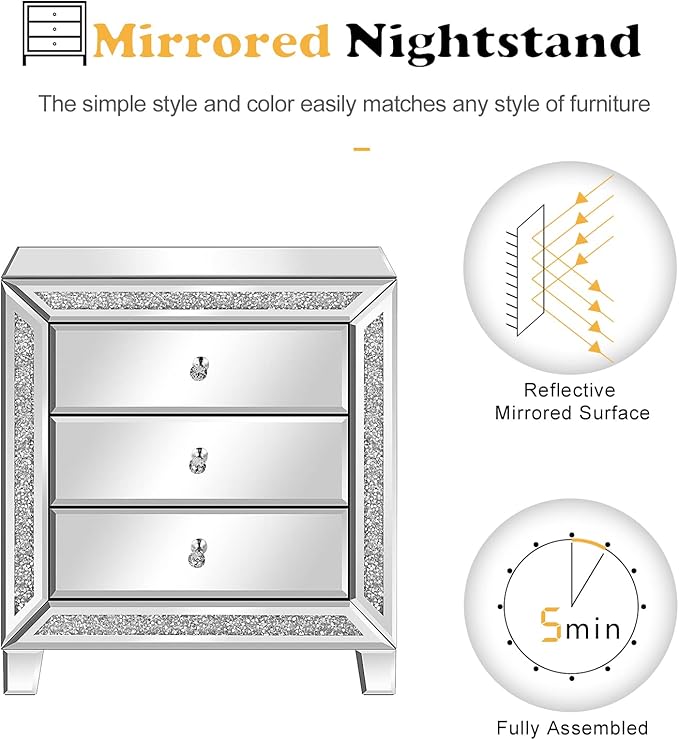 VINGLI Mirrored Nightstand Glass End Table, Mirrored Bedside Table - Image 5