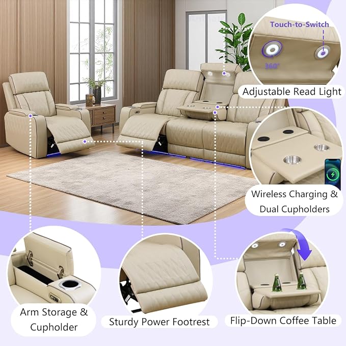 Power Recliner Sofa Set, Leather Reclining Couch & Chair Set, Living Room - Image 5