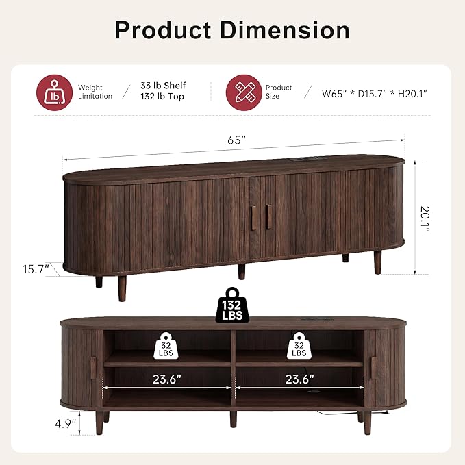 65" Mid Century Modern TV Stand, Wood TV Consoles - Image 3