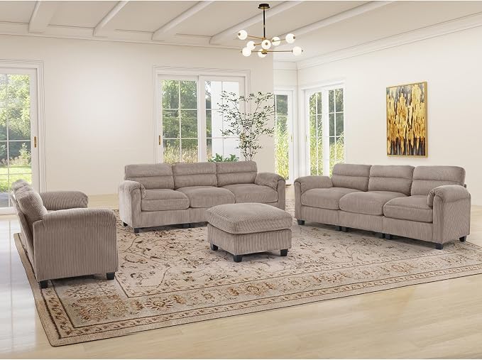 HAOMARKETS Corduroy Sofa Set, Upholstered Ottoman, Modern Loveseat and 3-Seater by HAOMARKETS