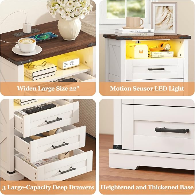 Turosur Night Stand with Charging Station 22" Large Farmhouse Nightstands with - Image 6