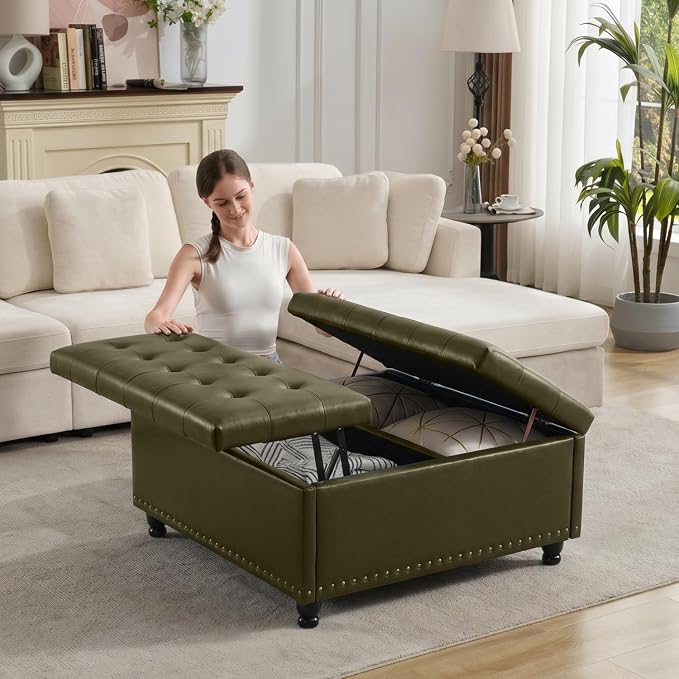 Tbfit Large Square Storage Ottoman Bench, Tufted Upholstered Coffee Table by TBfit