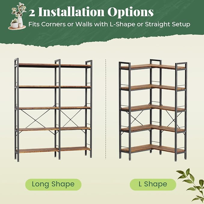 Huuger 5 Tier Bookshelf, L Shaped Corner Bookshelf - Image 9