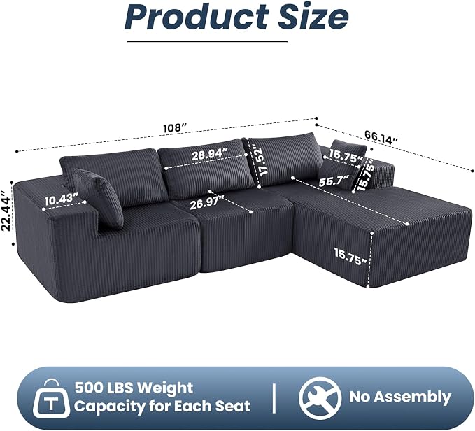 DUMOS 108" Boneless Couch, Cloud Sectional Couch - Image 3