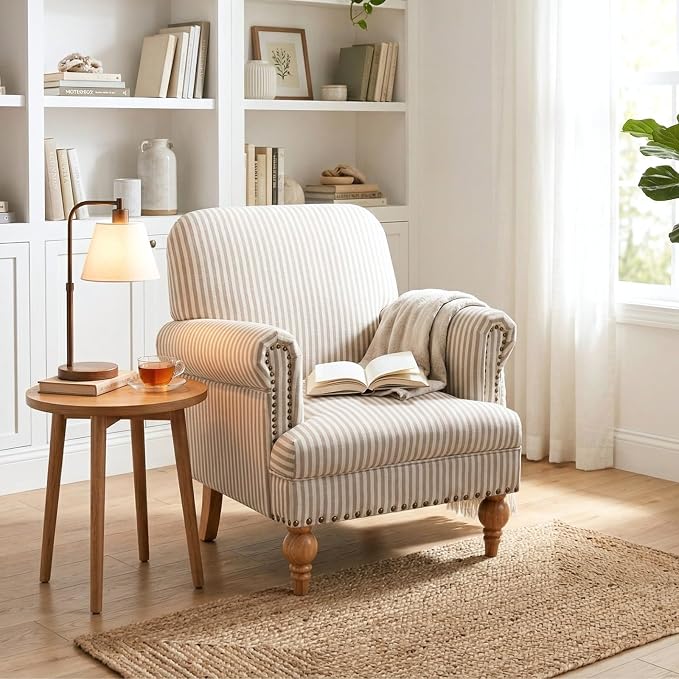 Khaki Striped Linen Fabric Accent Chair, Modern Farmhouse Upholstered Armchair - Image 6