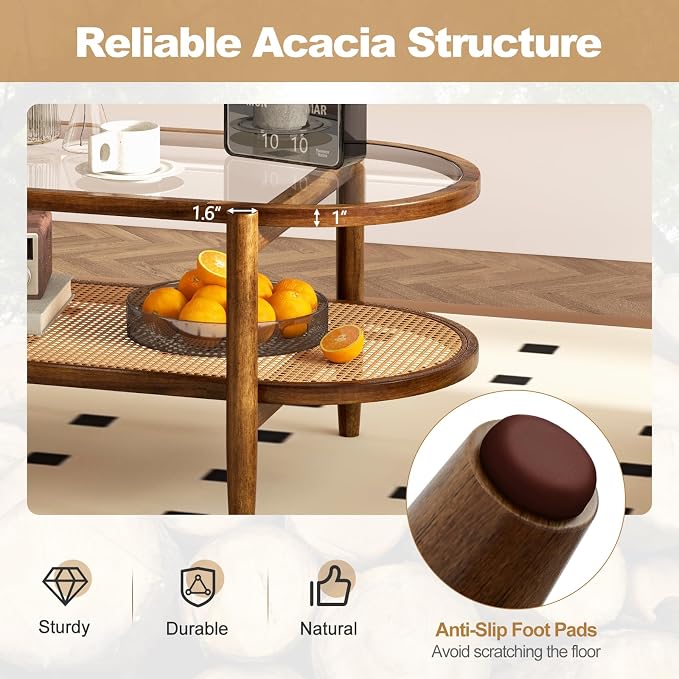 Giantex Rattan Coffee Table, 2-Tier Oval Acacia Wood Tea Table w/Tempered Glass - Image 3