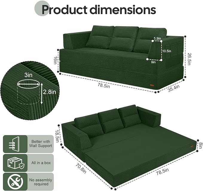 COMAX Futon Sofa Bed Queen, 4 in 1 Folding Boneless Sleeper Corduroy Couch - Image 3