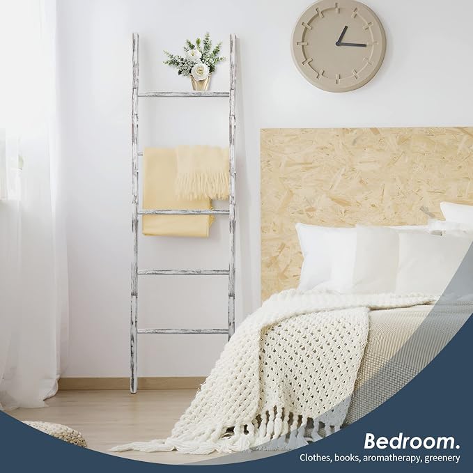 6-Tier Blanket Ladder Wooden, 5.7FT Blanket Quilt Towel Holder Rack Decorative - Image 2