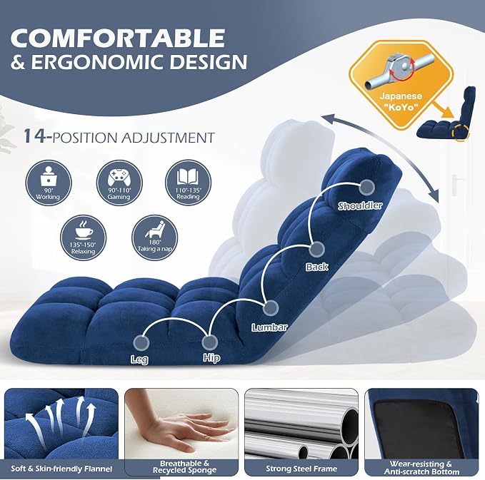 Folding Floor Gaming Chair 14-Poistion Cushioned Adjustable Floor Lazy Sofa - Image 5
