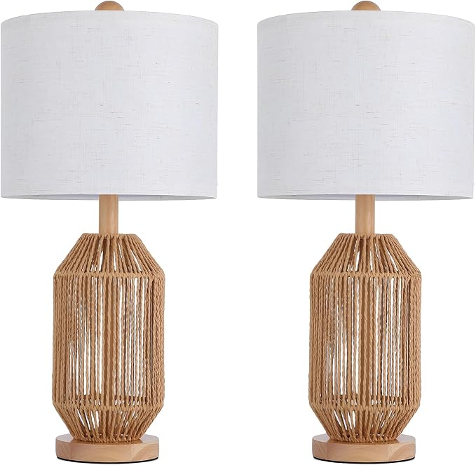 21" Boho Rattan Table Lamps Set of 2, Farmhouse Bedside Nightstand Lamps - Image 9