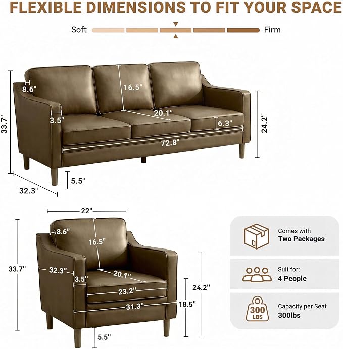 Kingfun Living Room Furniture Sets, 3 Seater Couch and Armchair, Mid Century - Image 2