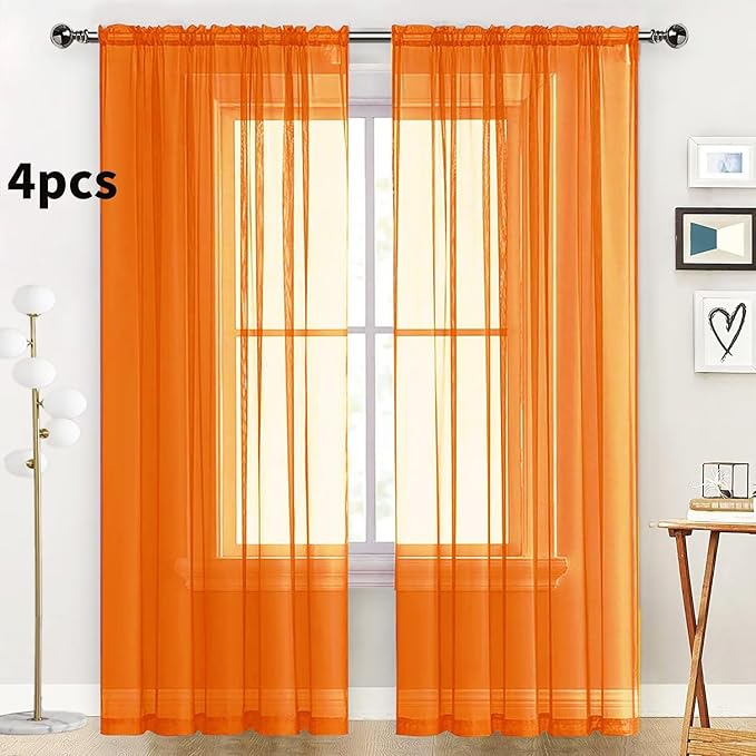 SpaceDresser Orange Sheer Curtains 4 Panels Rod Pocket Semi-Sheer Curtain 45 - Image 2