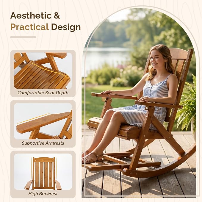VINGLI Wooden Porch Rocking Chair, Heavy Duty Outdoor Rocking Chair - Image 4