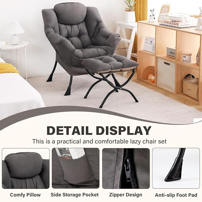 Lazy Chair with Ottoman, Modern Accent Chair Contemporary Sofa Chair with - Image 6