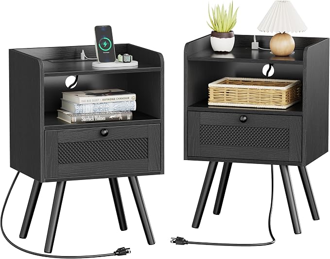 SUPERJARE Nightstands with Charging Station, Bedside Table Set of 2 with by SUPERJARE