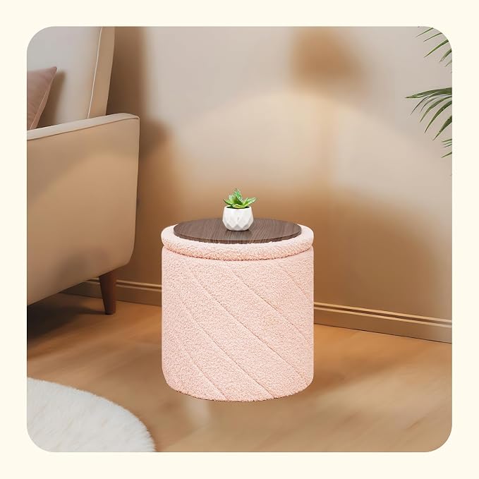 PINPLUS Ottoman with Stroage Round Boucle Ottoman and Tray Sherpa Removable - Image 2