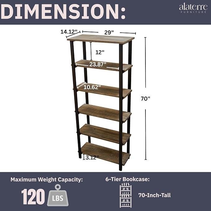 Alaterre Furniture Pomona Living Room 6-Tier Solid Wood Bookcase - Image 3