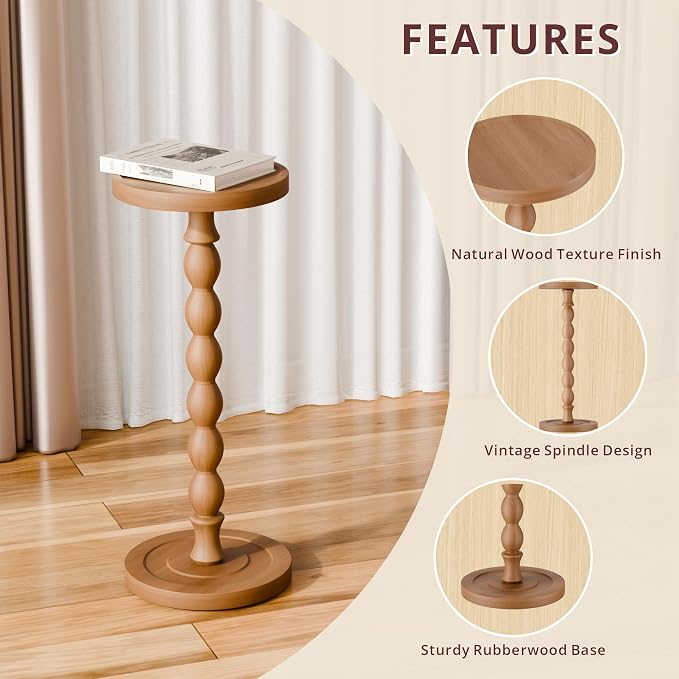 Solid Wood Drink Table, Rubber Wood‌ Small Round Side Table - Image 5