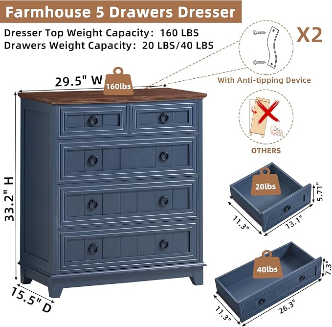 Joaxswe Farmhouse 5 Drawer Dresser - Image 2