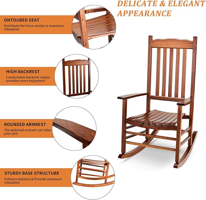 Outvita Outdoor Rocking Chair, Solid Wood High Back Rocker, All Weather Lounge - Image 4