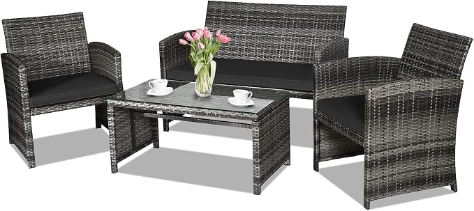 Goplus 4-Piece Rattan Patio Furniture Set, Outdoor Wicker Conversation Sofa by Goplus