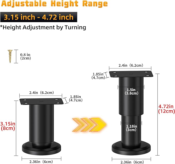 Wlrrcwdttc 8 Pcs Metal Adjustable Furniture Legs 3.15-4.72 inch, Adjustable - Image 2