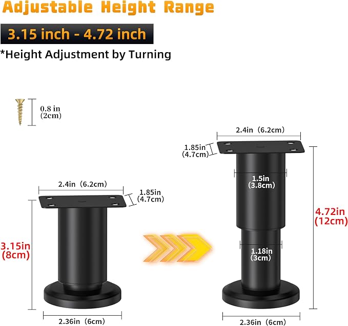 Wlrrcwdttc 4 Pcs Metal Adjustable Furniture Legs 3.15-4.72 inch, Adjustable - Image 2