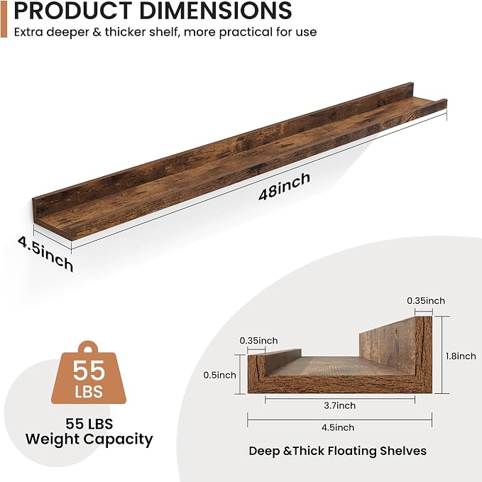 Fun Memories Picture Ledge Shelves Set of 2, 48 Inch Rustic Wall Mounted - Image 2