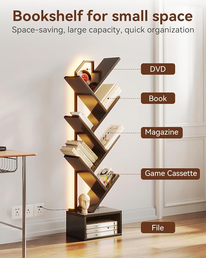 Casaottima 6-Tier Tree Bookshelf — Narrow Floor Standing Bookcase, Tall Steel & - Image 4
