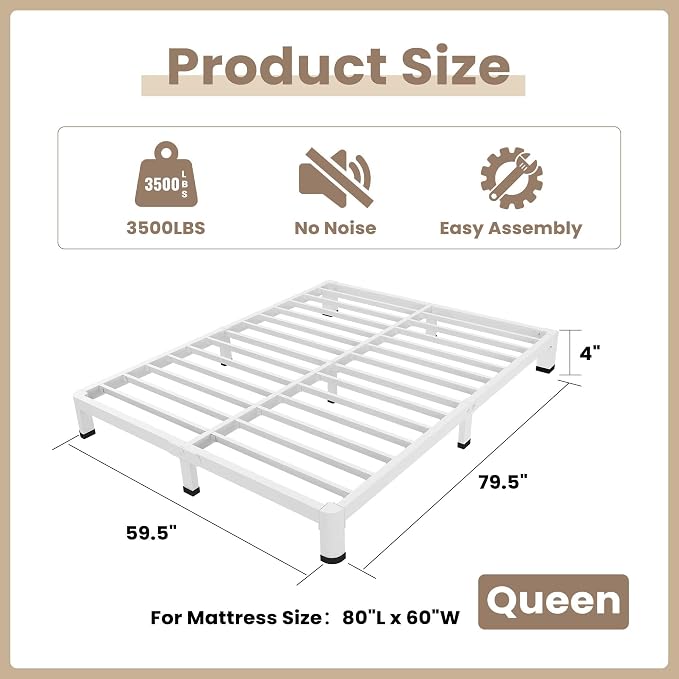 ROIL 4 Inch White Queen Bed Frame - Image 2