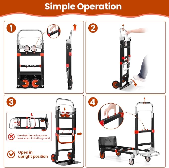 3-in-1 Folding Hand Trucks, 600Lbs Convertible Hand Truck Dolly, Heavy Duty - Image 4