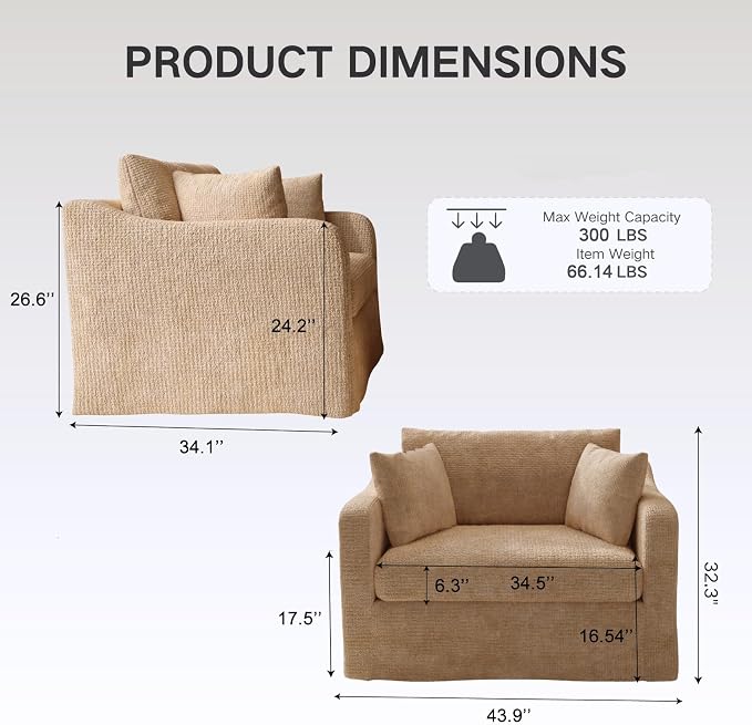 Oversized Armchair, 43.9" W Chenille Single Sofa Modern Upholstered Deep Seat - Image 2