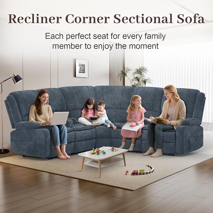 Yolsali Manual Reclining Sectional Sofa Set, 5 Seats Soft Fabric Recliner - Image 3